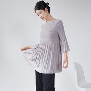 Miyake Áo Thun Nữ Dài Tay thường ngày Áo chui đầu xếp li dệt nén cao cấp Áo chui đầu 100% Polyester - Product Image 3