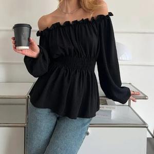 Off Shoulder Long Sleeve Blouse Women Ruffled Puff Sleeve Fitted Waist Elastic Top Everyday Wear White Shirt - Product Image 4