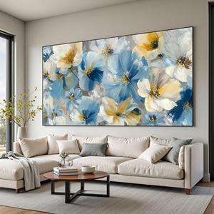 Stampa su Tela Floreale, Dipinto di Fiori Blu e Gialli, Arte Murale Floreale Astratta, Decorazione Moderna per Soggiorno, Grande Dipinto Incorniciato - Product Image 5