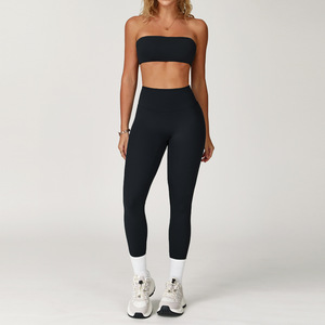 Nouvel ensemble de yoga brossé uni transfrontalier 2026 pour femme, tenue de fitness à séchage rapide, top bandeau de sport pour la course, effet push-up fessier - Product Image 2