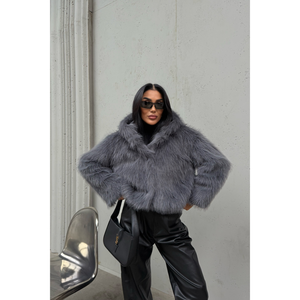 Grey Short <b>Faux</b> <b>Fur</b> Coat with Hood Single Breasted Woolen Parka Zipper Closure Cotton Filling Woven Print Pattern - Product Image 3