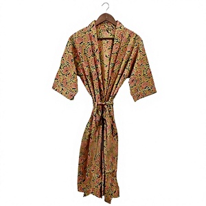 Kimono largo sin cuello para mujer con estampado indio a rayas, de manga larga, hecho a mano, para estar en casa, verano y primavera. - Product Image 1