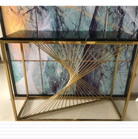 Table console moderne de luxe pour hall d'hôtel et salon, haute et étroite, en pierre frittée, ardoise, acier inoxydable doré et marbre