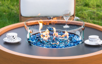 Table brasero à gaz moderne pour extérieur, construction en acier, verre bleu résistant à la chaleur, 6 kg, 4 mm, avec couvercles coupe-vent, autoportante légère