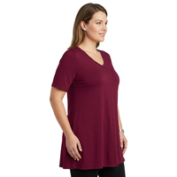 T-shirt décontracté pour femme, couleur unie, manches courtes, col rond, tricoté en polyester, UPF 50+, taille plus, bordeaux, coupe classique