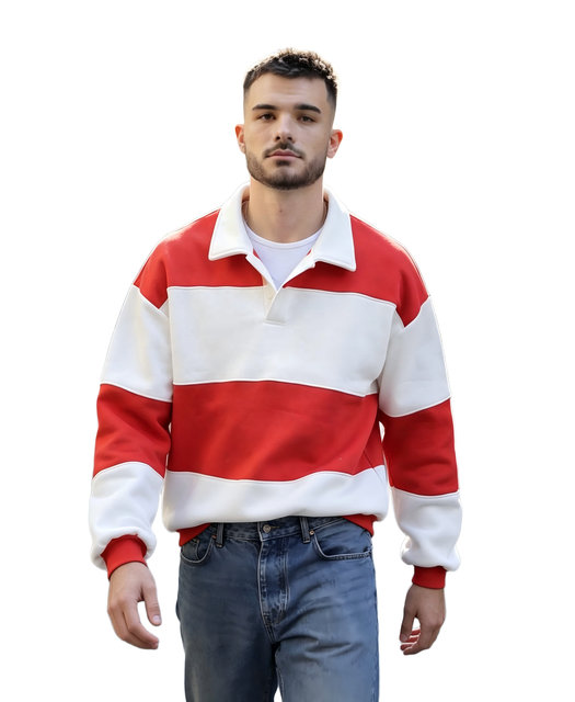 Oversized Rugby Shirt Men Long Sleeve College Football Jersey Style Knitted Polo with Contrast Stripe OEM Wholesale