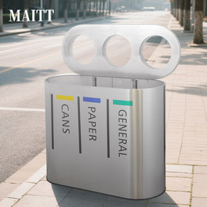 Poubelles personnalisées en acier inoxydable à trois ou quatre compartiments, rondes ou ovales, pour usage intérieur près des entrées de métro, des centres commerciaux - Product Image 1