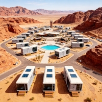 Capsule spatiale intelligente futuriste pour le glamping dans le désert du Qatar, prête à l'emploi solaire, isolation 15 cm, entièrement en aluminium, modulaire, pour complexe hôtelier