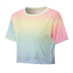 Top deportivo de Yoga de secado rápido de alta elasticidad para mujer con cuello redondo, manga corta, logotipo personalizable para verano, Fitness y correr - Product Image 1