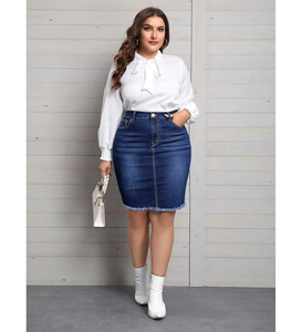 Falda de Mezclilla Azul Oscuro para Mujer Estilo Lápiz Ceñida al Cuerpo con Bordes Deshilachados, de Tiro Alto, Longitud <span class=keywords><strong>Midi</strong></span> a la Rodilla, Estilo Envolvente - Product Image 1