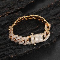 Bracelet chaîne cubaine Mlluki en laiton plaqué or, entièrement pavé de zircons, fermoir boîte, pour homme, style hip-hop