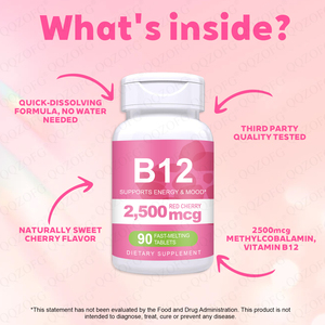 Etiqueta Personalizada, Apoya la Energía, el Estado de Ánimo, la Salud Cerebral, el Metabolismo, el Sistema Cardíaco y el Sistema Inmunitario, Tabletas de Vitamina B12 para Hombre y Mujer - Product Image 3