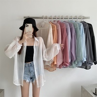 Chemisiers en mousseline de soie Transparent chemise boutonnée vêtements de soleil Transparent cache maillot Kimono Cardigan