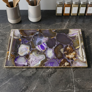 Plateau de service rectangulaire en agate rose fait main avec poignées en métal doré, décoratif, pour cuisine, table basse, présentation de luxe - Product Image 2