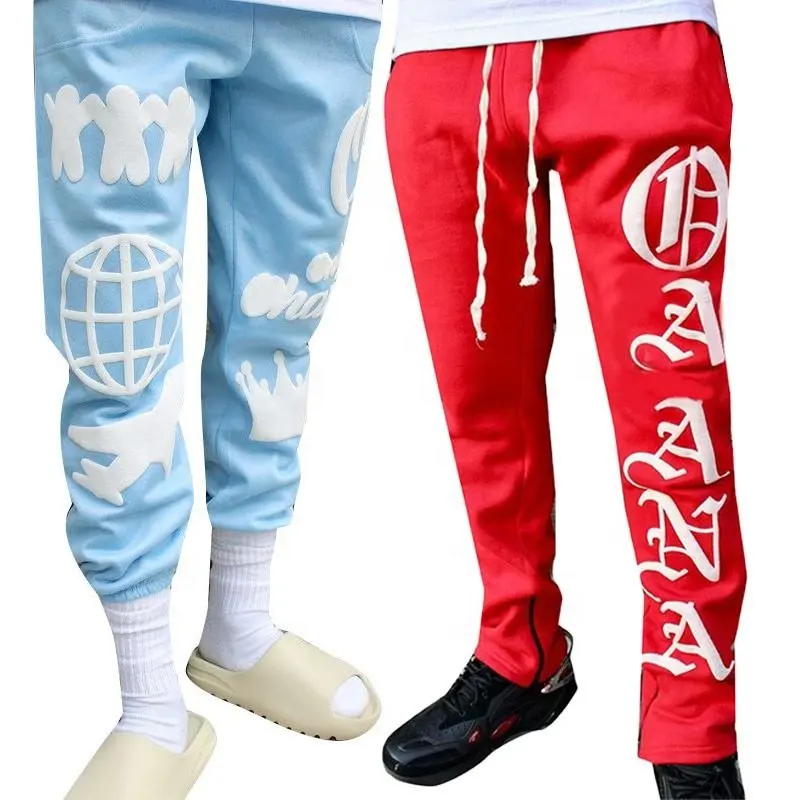 Logo in schiuma 3D di alta qualità 400Gsm pantaloni sportivi con stampa a sbuffo in pile pantaloni sportivi Hiphop Streetwear larghi per uomo