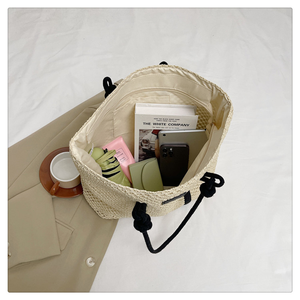 Bolso de hombro de paja para mujer, nuevo, hueco, de cuerda de papel, con hebilla de moda, gran capacidad, tejido, de playa, de ganchillo, hecho a mano - Product Image 4