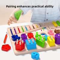 Jeu d'apprentissage précoce en bois 6-en-1 : Anneaux empilables cinq couleurs, correspondance des chiffres, tri des formes, labyrinthe de perles et tableau intelligent pour enfants