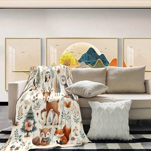 Cute Forest Animal Print Plush Flannel Fleece Throw <b>Blanket</b> Rectangular Pastoral Style Eco-Friendly Home Decor Autumn Season - Product Image 5