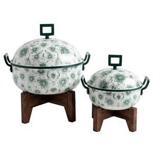 Luxury <b>Green</b> White Floral Hot Pot With Wooden Stand Enamel Casserole <b>Green</b> Handle Ramadan Gift - Product Image 1