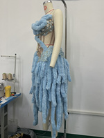 Robe bleu clair en fausse fourrure moelleuse avec franges queue de renard, strass, bustier, dos en maille nude à lacets, costume de festival, vente en gros