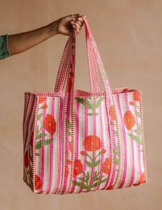 Sac fourre-tout en coton rayé à motifs floraux avec deux poignées, style bohème, fermeture éclair, pour le shopping, la plage, l'usage quotidien, toutes saisons - Product Image 6