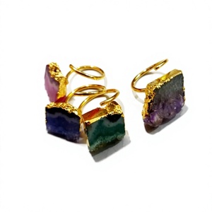 Handmade <b>Silver</b> <b>Ring</b> With Mixed Colors <b>Adjustable</b> Multi-Color Agate Druzy Jewelry <b>Rings</b> - Product Image 1