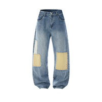 Jeans personnalisés à taille haute, pantalon culotte, lavage vintage, coupe ample, bleu, non élastique, lavage chimique, jeans tendance pour hommes