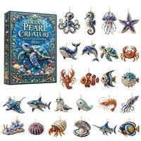 Calendrier de l'Avent Thème Créatures Marines Style Verre de Mer, Breloques et Ornements en Acrylique Animaux Océaniques, Coffret Surprise Jouets, Décoration Murale pour la Maison