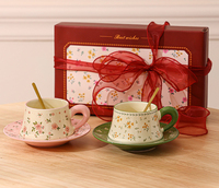 Tasses à thé et à café en céramique avec soucoupe, motif floral aquarelle créatif et exquis, avec boîte cadeau et cuillère