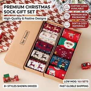 Ensemble de chaussettes de <span class=keywords><strong>Noël</strong></span> personnalisées avec logo, vente en gros, chaussettes d'hiver douces et moelleuses pour les fêtes, avec emballage en boîte premium, faible MOQ 100 ensembles - Product Image 1