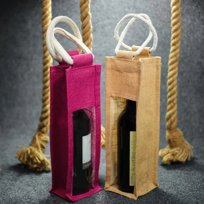 Promotion Custom Logo Recycled Portable Clear Transparent PVC Jute Gift Wine Pouch Bag With Bamboo Handle For Single Wine Bottle