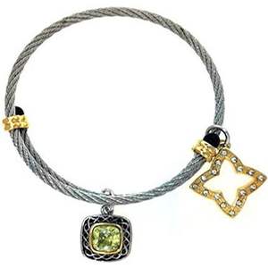TJ Magic <b>Women's</b> Adjustable Cable Wire Bangle <b>Bracelet</b> Two Tone Rhodium Plated 2 Charms <b>Crystal</b> Stone <b>Crystal</b> <b>Bracelets</b> Bangles - Product Image 1