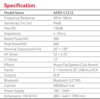 Aiwa AERO C1212 600W 132dB SPL, enceinte active avec 12 unités en réseau, en contreplaqué de bouleau, polyurée, 120 degrés, noir mat, avec mixeur intégré