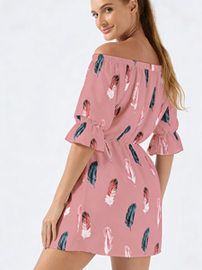 Robe trapèze mi-longue pour femme à imprimé plumes sur les épaules, manches évasées, taille naturelle élastique, décontractée, pour l'été, la plage et le quotidien - Product Image 3