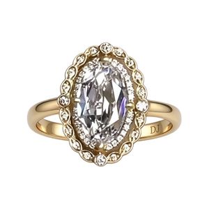 Anillo de Plata de Ley 925 con Oro Amarillo, Topacio Blanco Ovalado, Doble Halo y Bisel Festoneado, Anillo de Boda Vintage - Product Image 1