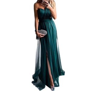 Vestido de noche largo de un solo hombro con corte imperio, abertura y capa transparente, color liso, para eventos formales - Product Image 5
