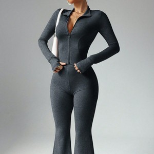 Ensemble de vêtements de sport pour femmes, haut de <span class=keywords><strong>yoga</strong></span> à manches longues avec fermeture éclair, leggings évasés taille haute, ensemble de vêtements de sport respirant à séchage rapide - Product Image 3