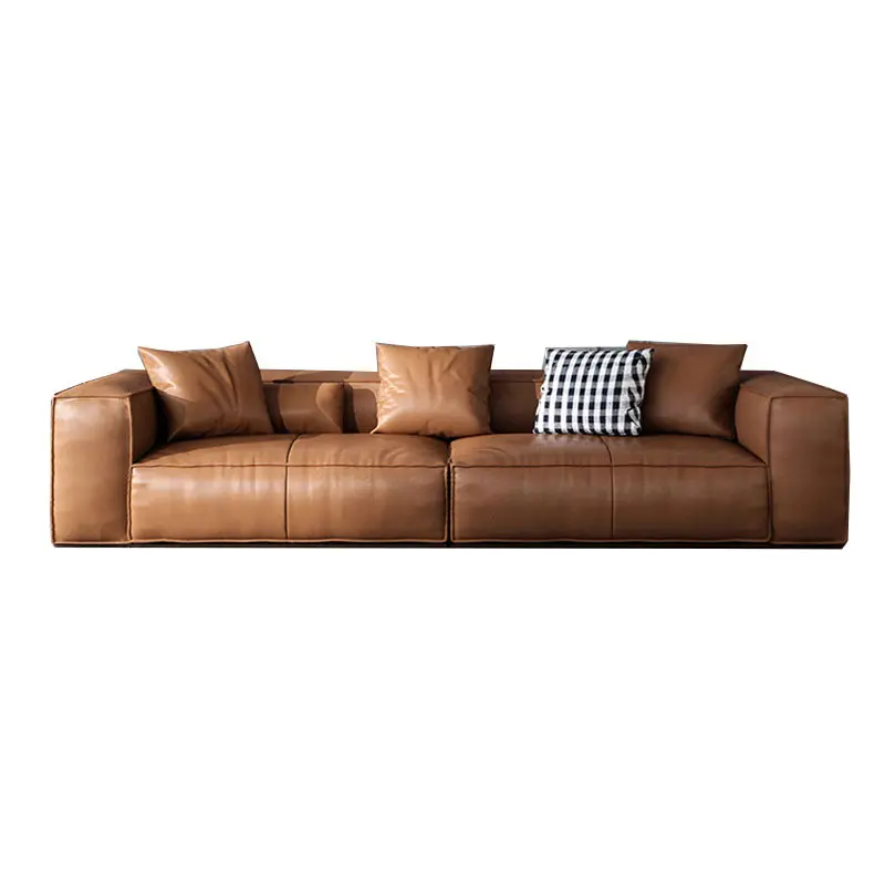 Italian tofu block, down leather sofa modern minimalist living room Nordic solid wood four -person leather cowhide sofa