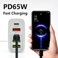 Pengisi Daya Perjalanan 65W 3PD+2USB Tipe-C QC3.0 Port Pengisi Daya Laptop Bahan Tahan Api Pengisian Cepat Multi-port Ramah Lingkungan