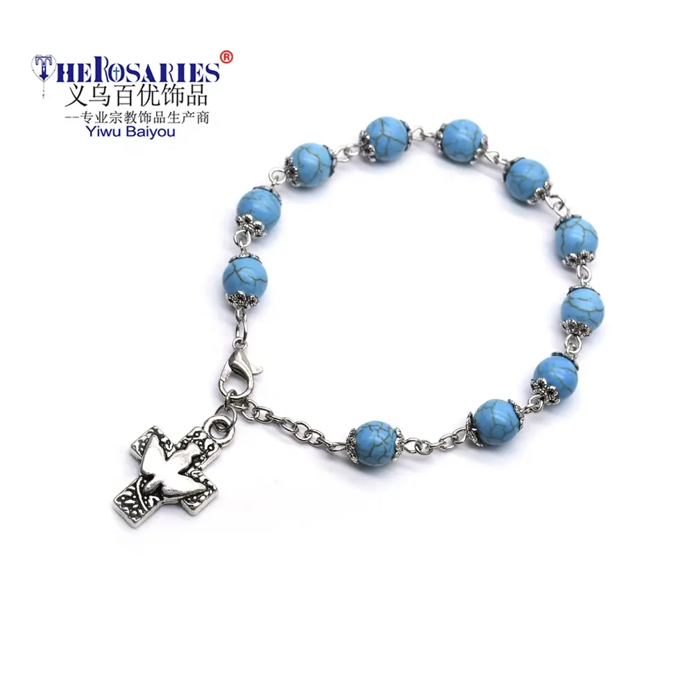 Bracelet perlé turquoise bleu colombes de la paix Bracelet croix accessoires religieux