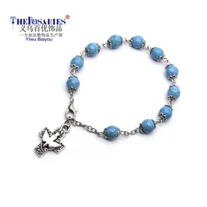 Blue Turquoise Beaded Bracelet Peace Doves Cross Bracelet Religious Accessories