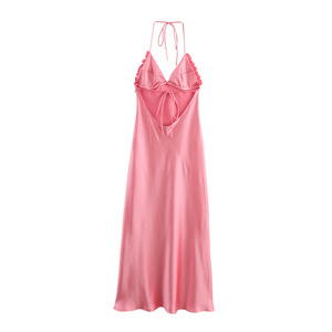 Summer Woven <strong>Satin</strong> Women's Casual <strong>Halter</strong> Neck A-Line Midi Sexy Backless Streetwear Solid Color Dress for Vacation Party - Product Image 2