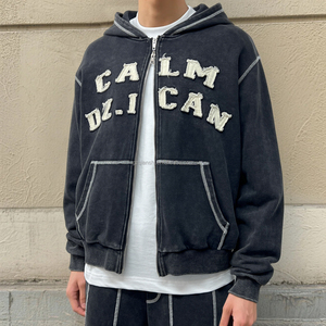 Sweat à capuche surdimensionné en coton French Terry brodé sur mesure avec double fermeture éclair, effet délavé et vieilli pour homme - Product Image 2
