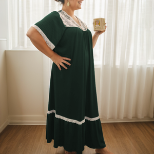 Kích thước lớn dành cho nữ Váy ngủ dài hai màu khâu ren bằng vải lụa màu xanh đậm Váy ngủ dài vừa phải - Product Image 5