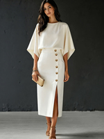 Robe midi de luxe pour femme, col rond, manches chauve-souris, effet deux pièces, style navetteur, taille haute avec boutons dorés et fente