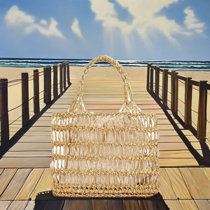 Bolso de playa bohemio de verano hecho a mano para mujer, de lujo, sencillo, de malla hueca de Bali, tejido de poliéster hecho a mano para viajes tropicales - Product Image 3