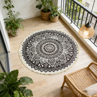 HR XLS07 Schwarzer Mandala-Muster Jacquard-Druck Polyester Handgefertigter Quasten-Rundteppich für Innenräume Schlafzimmer Wohnzimmer