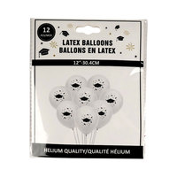 12 Ballons en Latex Blancs de 12 Pouces avec Impression Chapeau de Cérémonie, Qualité Hélium, Décoration de Fête de Remise de Diplôme, Fournitures pour Toile de Fond 'Félicitations Diplômé'