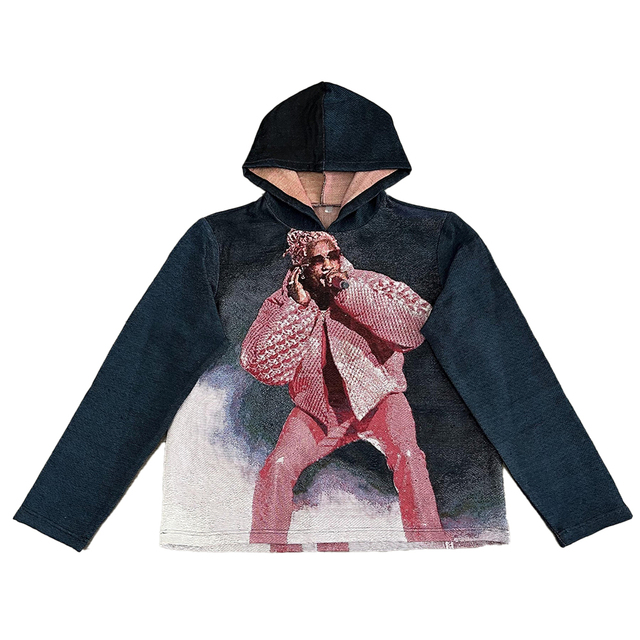 Best Selling Winter Men's Character Live Performance Graphic Print Dark-Toned Rapper Star Tapestry Woven Hoodie