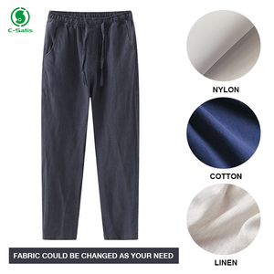 <span class=keywords><strong>Pantaloni</strong></span> Casual <span class=keywords><strong>100</strong></span>% estivi da <span class=keywords><strong>uomo</strong></span> in puro <span class=keywords><strong>lino</strong></span> a nove punte tinta unita comodo tessuto sottile con motivo dritto Logo sulla vita - Product Image 5
